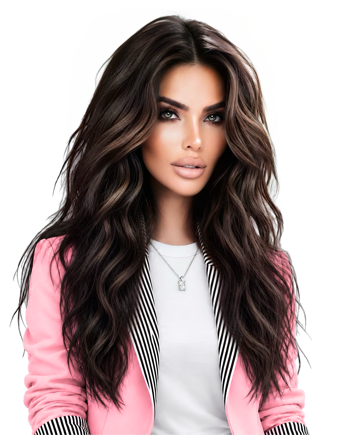 Farah, founder of TRG, with long wavy dark hair and a pink blazer with striped lapels